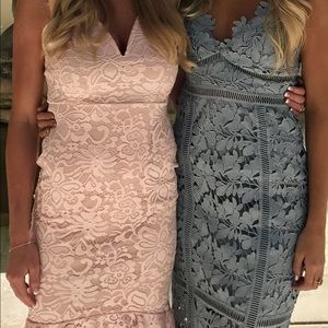 Light pink lace strapless midi dress